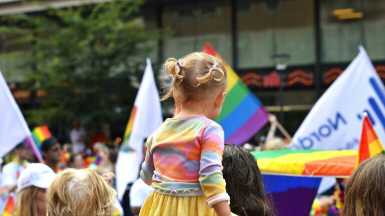 A toddler at the 2024 Stockholm Pride event on August 3, 2024