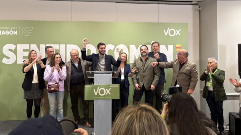 VOX Aragón leaders celebrate the party’s result in the regional election held over the weekend on February 8, 2026