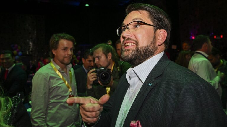 The leader of the Sweden Democrats Jimmie Åkesson celebrates at the party's election watch in Nacka, near Stockholm late Sunday evening on September 11, 2022.