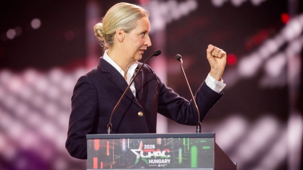 AfD co-chair Alice Weidel gestures during her speech at CPAC Hungary 2026 in Budapest, Hungary, on March 21, 2026.