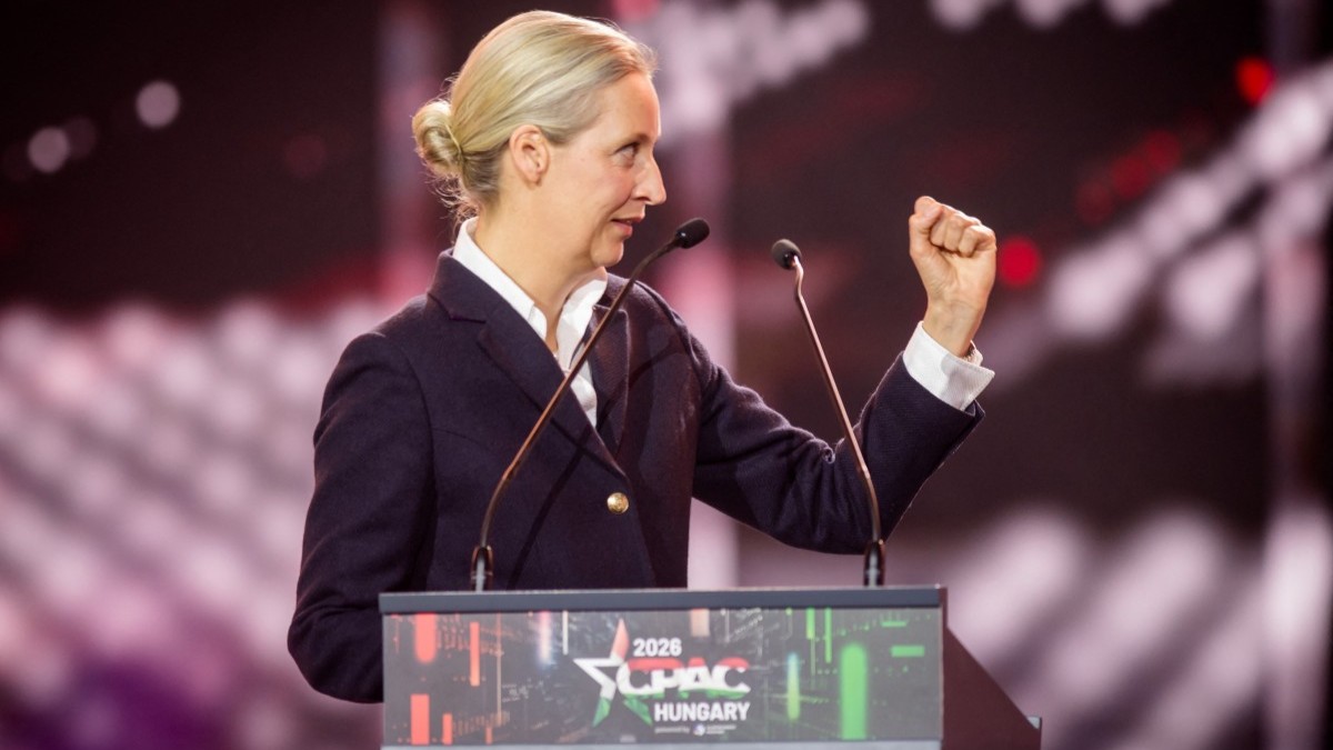 AfD co-chair Alice Weidel gestures during her speech at CPAC Hungary 2026 in Budapest, Hungary, on March 21, 2026.