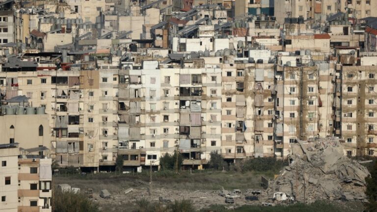 Damaged buildings are seen after Israeli air strikes that targeted a neighbourhood in Beirut’s southern suburbs, on March 7, 2026.