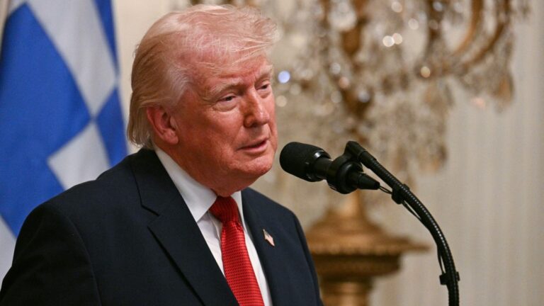 U.S. President Donald Trump speaks during a Greek Independence Day celebration in the East Room of the White House in Washington, D.C., on March 26, 2026.