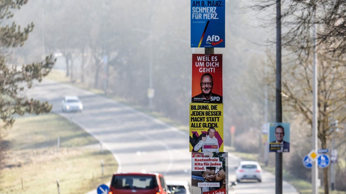 Election posters for the upcoming state election in Baden-Württemberg are attached to a street lamp on March 2, 2026 in Villingen-Schwenningen, southern Germany.