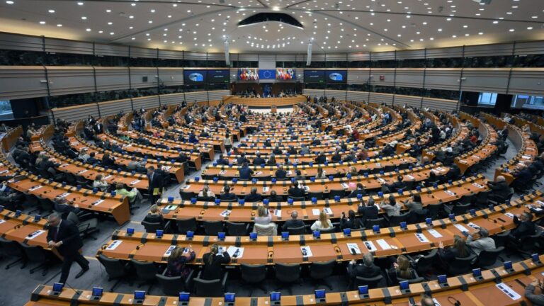 Members of the European Parliament attend a session in the hemicycle in Brussels, on November 12, 2025.