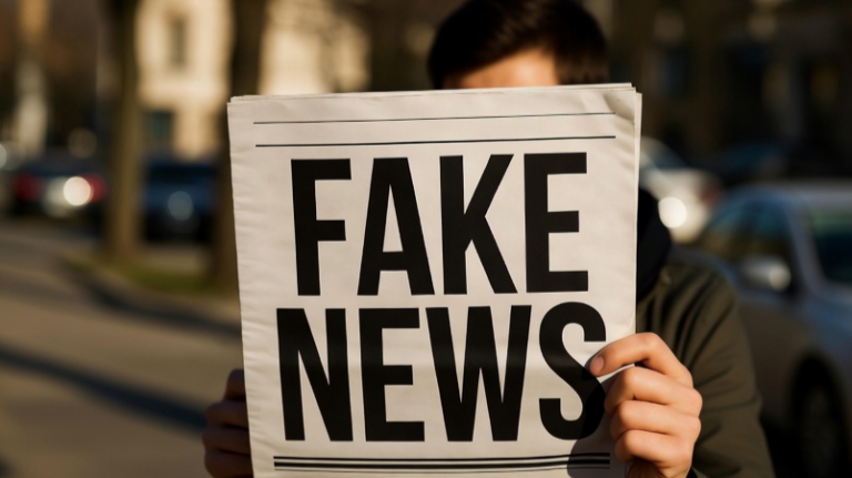 Man reads newspaper whose front page reads FAKE NEWS (AI-generated)