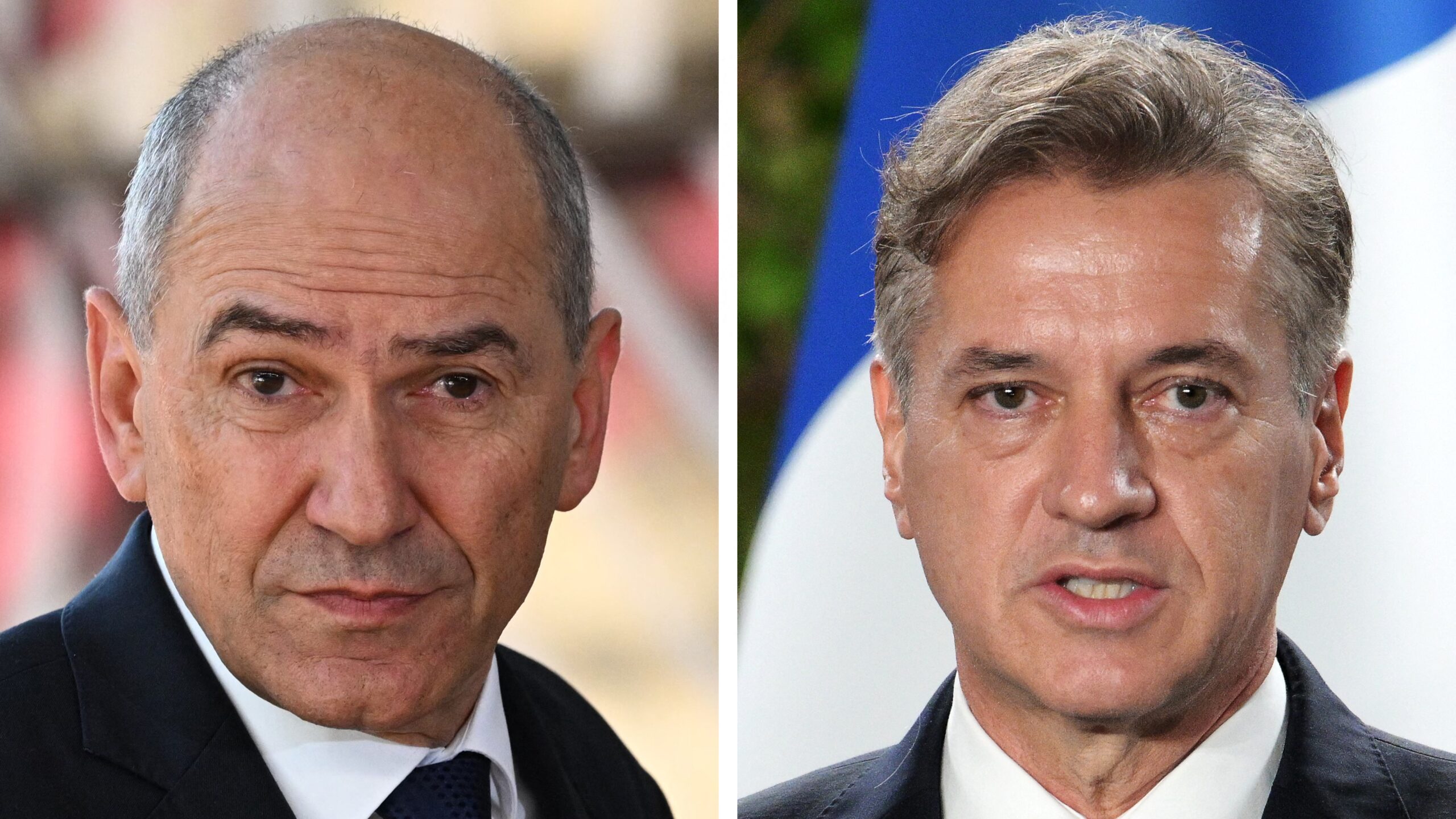 Slovenia’s Prime Minister Janez Janša in Brussels, on May 31, 2022 (L); and Slovenia's Prime Minister Robert Golob in Portorož on October 20, 2025