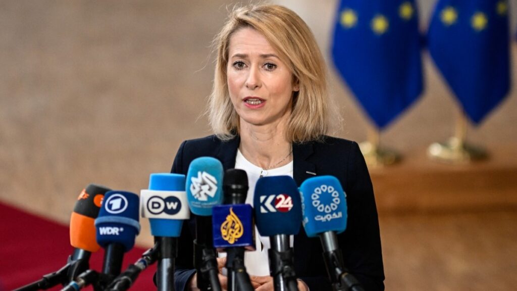 EU High Representative and Vice-President for Foreign Affairs and Security Policy Kaja Kallas speaks to the press as she arrives for the EU Foreign Affairs Council in Brussels on February 23, 2026.