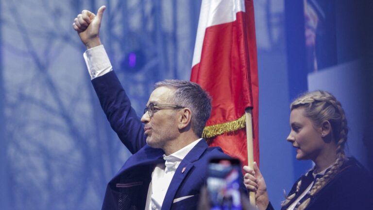 Chairman of Austria’s Freedom Party (FPÖ) Herbert Kickl (L) attends the New Year's meeting of the party in Vösendorf near Vienna, Lower Austria on January 18, 2025.