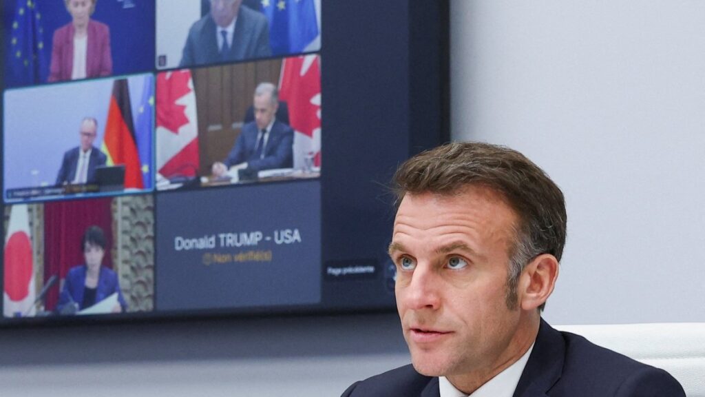 French President Emmanuel Macron chairs a video conference of G7 leaders to discuss the fallout of the war in Iran on the world economy, at the Élysée Palace in Paris, on March 11, 2026.