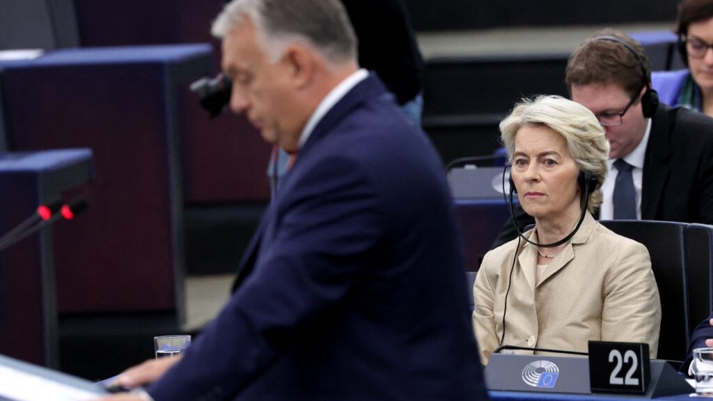 European Commission President Ursula von der Leyen listens to Hungary’s Prime Minister Viktor Orbán speech during the presentation of the programme for Hungary’s six-month Council Presidency , as part of a plenary session at the European Parliament in Strasbourg on October 9, 2024.