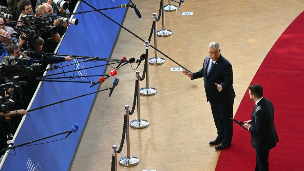Hungary's Prime Minister Viktor Orbán speaks to the press as he arrives for an EU Summit at the EU headquarters in Brussels, on March 19, 2026.