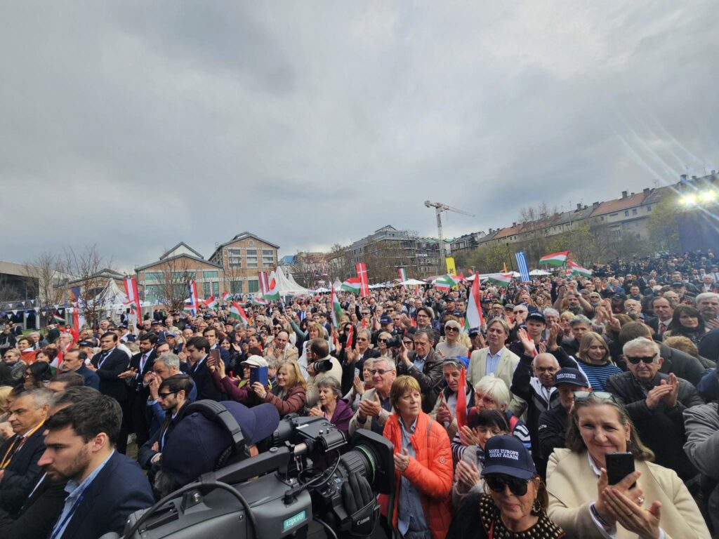 Attendees of the Patriots' Grand Assembly in Budapest's Millenáris Park on March 23, 2025