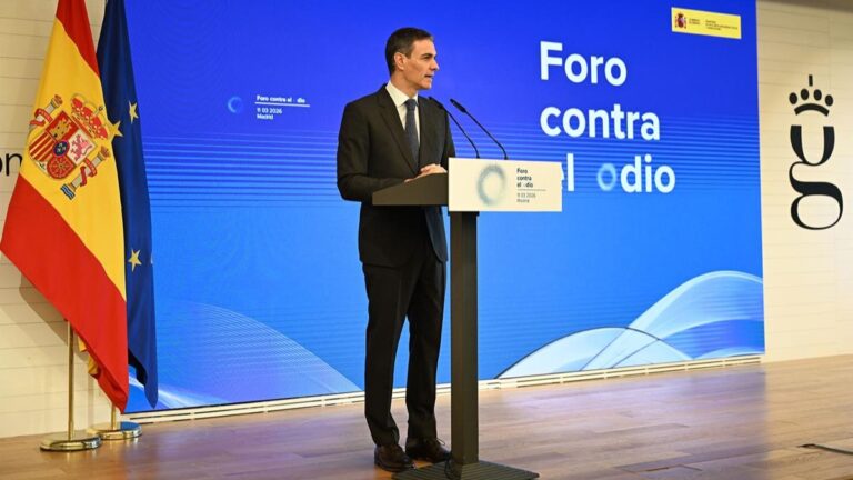 Spain’s Prime Minister Pedro Sánchez speaks at the Forum Against Hate in Madrid on March 11, 2026.