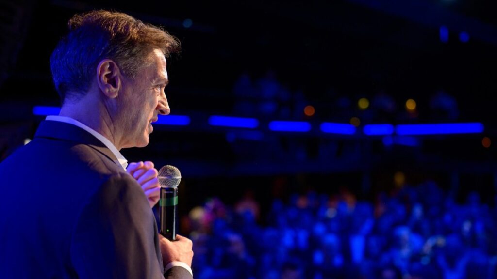 Slovenia’s Prime Minister Robert Golob (L) addresses the supporters of Gibanje Svoboda (The Freedom Movement) after the General Elections results are released in Ljubljana, Slovenia, on March 22, 2026.