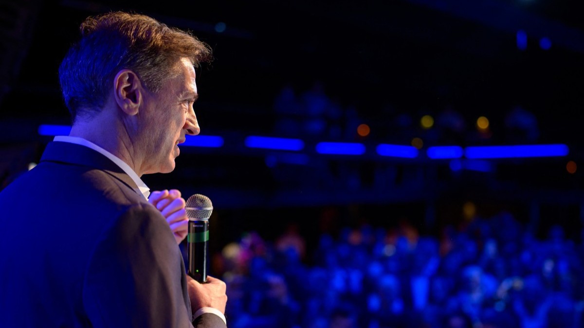 Slovenia’s Prime Minister Robert Golob (L) addresses the supporters of Gibanje Svoboda (The Freedom Movement) after the General Elections results are released in Ljubljana, Slovenia, on March 22, 2026.