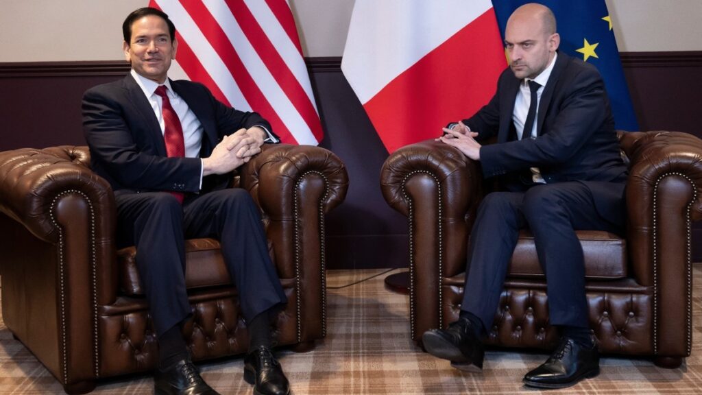 U.S. Secretary of State Marco Rubio (L) meets with France's Foreign Affairs Minister Jean-Noël Barrot on the sidelines of the G7 Foreign Ministers' meeting with Partner Countries at the Vaux-de-Cernay Abbey in Cernay-la-Ville on March 27, 2026.