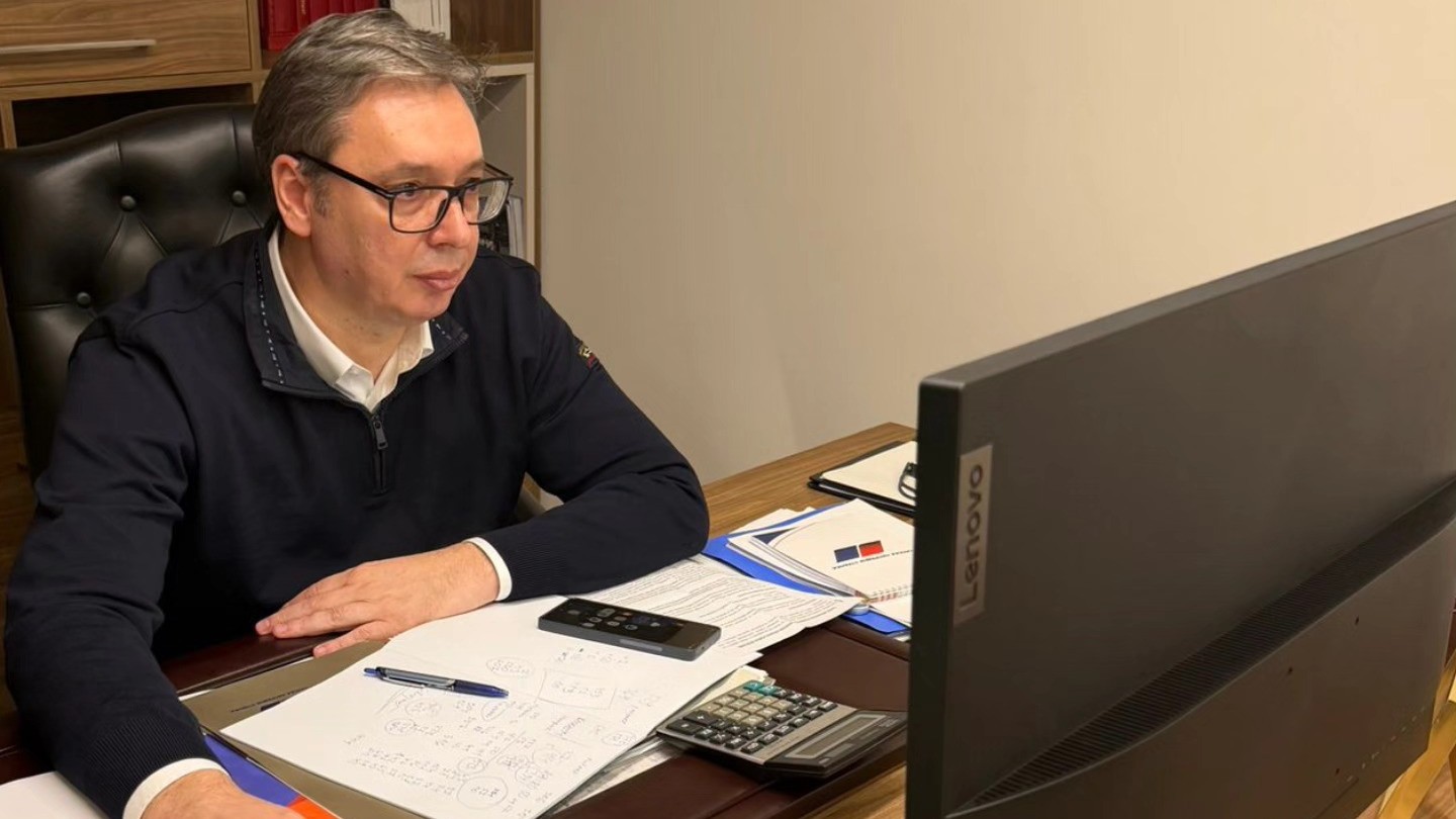 Serbia’s President Aleksandar Vučić in his office on the night of the March 29 local elections