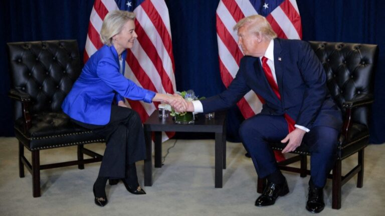 U.S. President Donald Trump (R) shakes hands with President of the European Commission Ursula von der Leyen during a bilateral meeting at the 80th session of the UN’s General Assembly at the United Nations headquarters on September 23, 2025 in New York City.