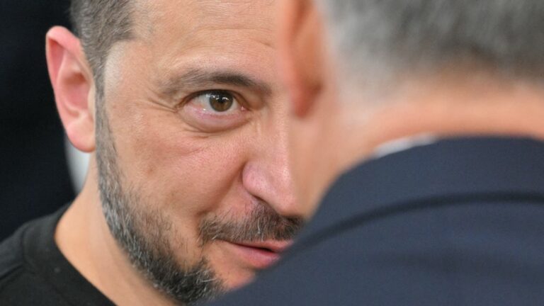 Ukraine’s president Volodymyr Zelensky (L) speaks with Hungary’s Prime Minister Viktor Orbán as he arrives to take part in a EU summit in Brussels, on October 17, 2024.