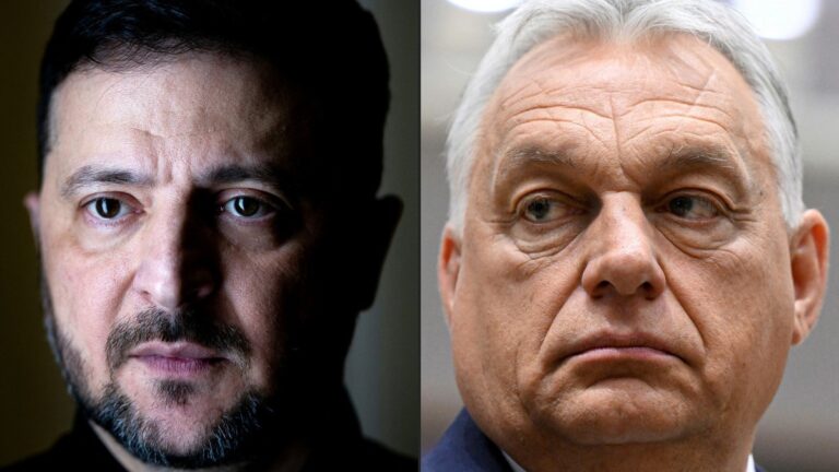 Ukraine’s President Volodymyr Zelensky (L) in Kyiv on February 20, 2026, and Hungary’s Prime Minister Viktor Orbán attending a meeting at the European Council in Brussels on June 26, 2025.