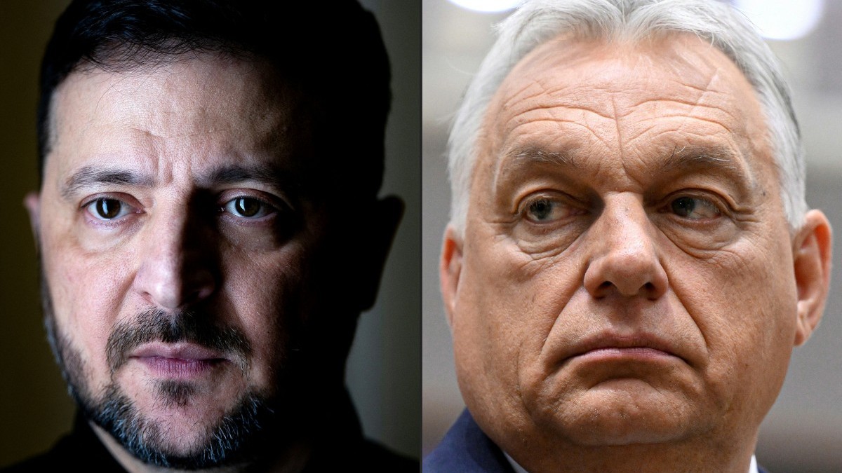 Ukraine’s President Volodymyr Zelensky (L) in Kyiv on February 20, 2026, and Hungary’s Prime Minister Viktor Orbán attending a meeting at the European Council in Brussels on June 26, 2025.