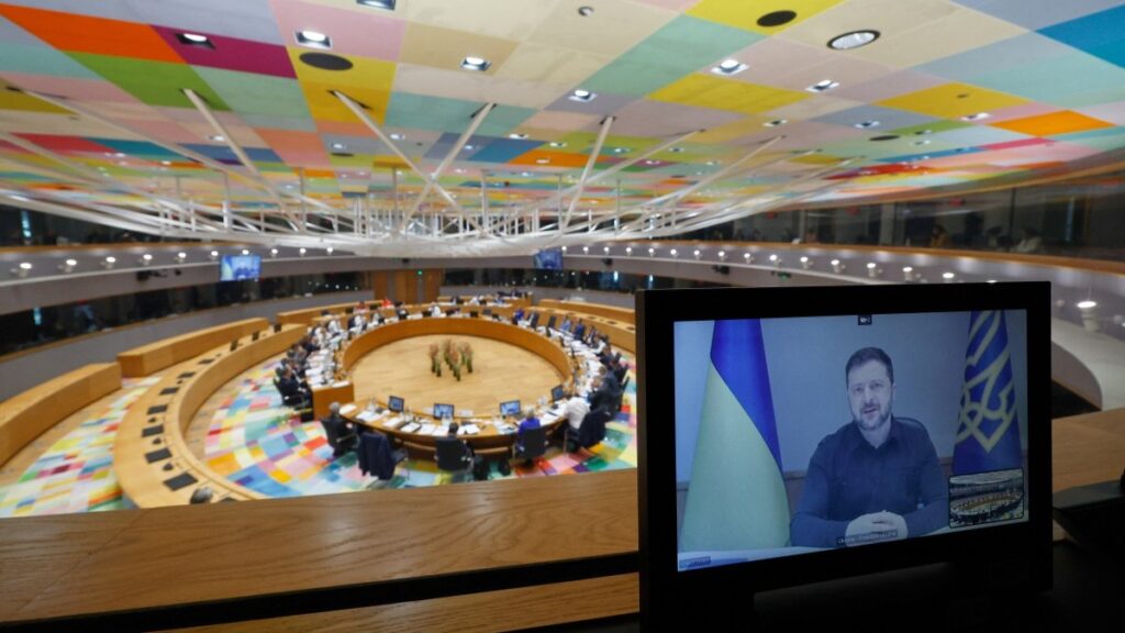 Ukraine’s President Volodymyr Zelensky speaks to EU leaders via video during a rountable of the EU Summit at the EU headquarters in Brussels, on March 19, 2026.
