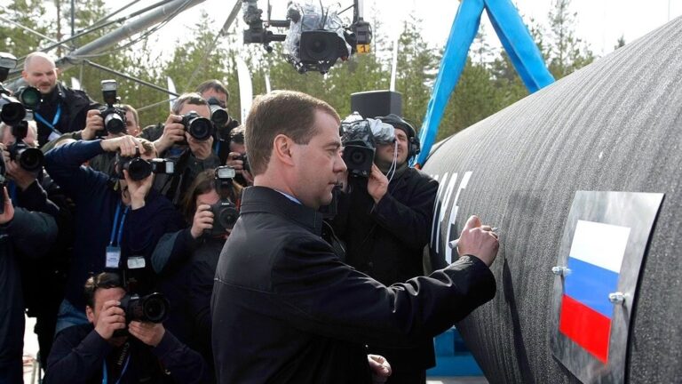 Ceremony marking the start of construction of the Nord Stream gas pipeline’s underwater section with then Russian President Dmitry Medvedev on April 9, 2010