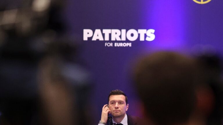 Rassemblement National party's leader Jordan Bardella attends a press conference in Porto, Portugal on April 22, 2026.