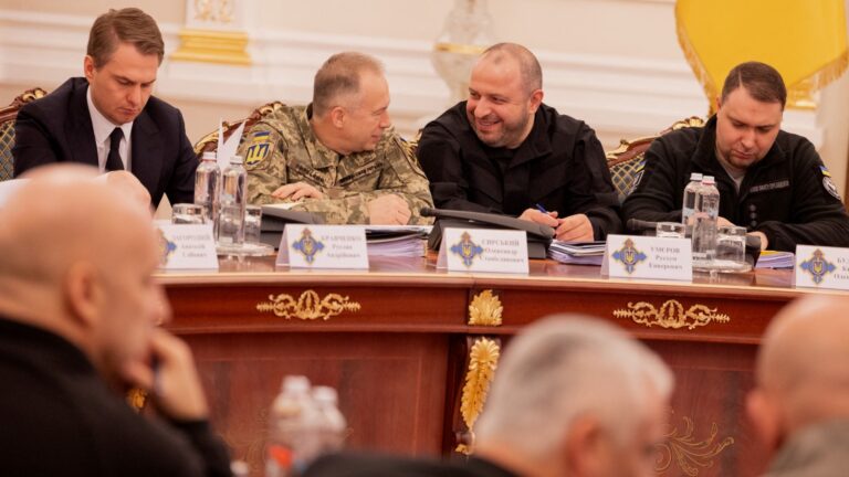 Head of the Office of the President of Ukraine Kyrylo Budanov (1R), Ukraine's Secretary of the National Security and Defence Council Rustem Umerov (2R) and Commander-in-Chief of the Armed Forces of Ukraine Oleksandr Syrsky (3R) seen before the meeting of the National Security and Defence Council in Kyiv on March 3, 2026