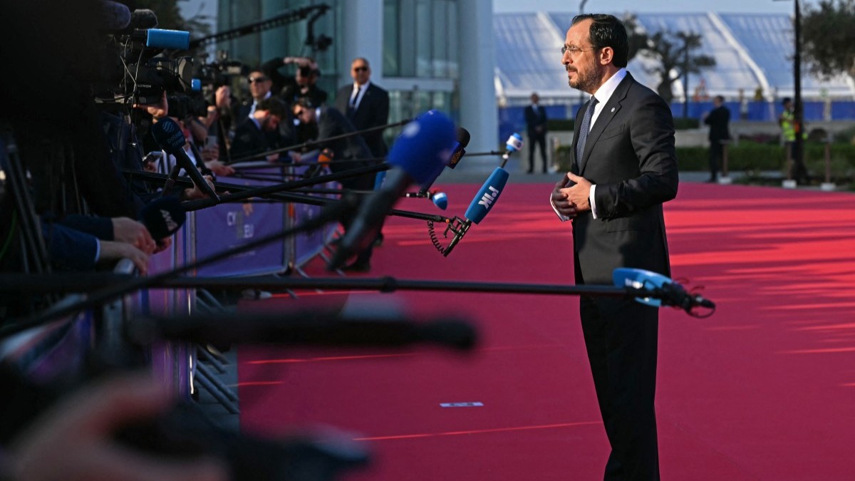 Cyprus’ President Nikos Christodoulides speaks to the media upon his arrival ahead of an informal meeting of the European Council, in Ayia Napa on April 23, 2026.
