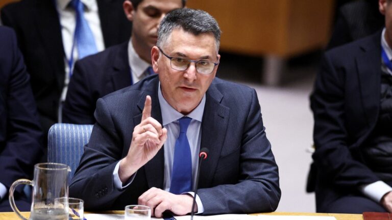 Israeli Foreign Minister Gideon Sa’ar speaks during a United Nations Security Council meeting on the Middle East at UN headquarters in New York on February 18, 2026.