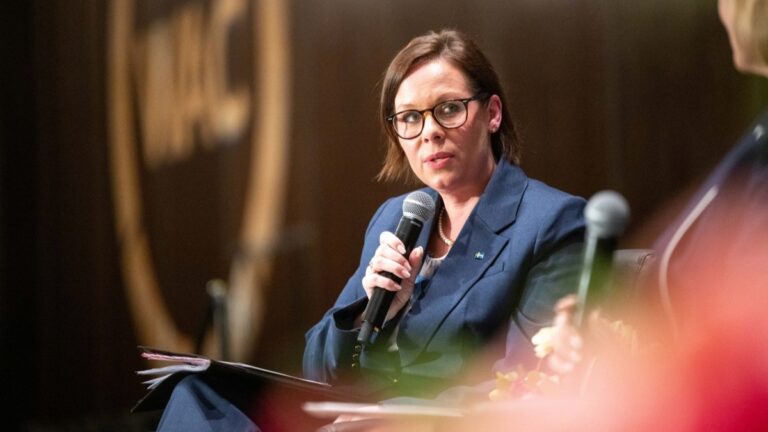 Swedish Foreign Minister Maria Malmer Stenergard speaks onstage during the World Affairs Council of Greater Houston at The Post Oak Hotel on March 17, 2026 in Houston, Texas.