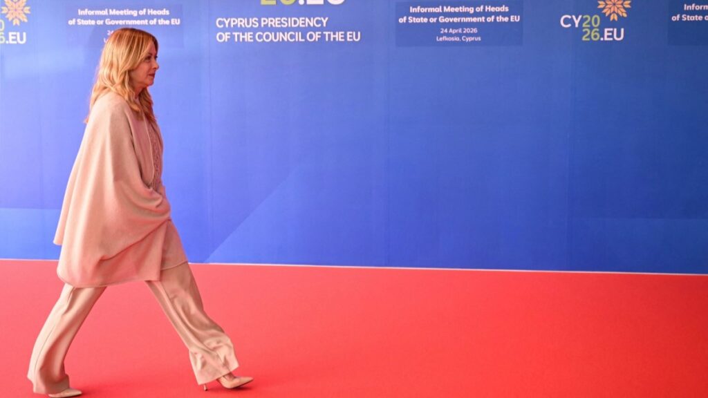 Italy’s Prime Minister Giorgia Meloni arrives for an informal meeting of the European Council in Nicosia on April 24, 2026.