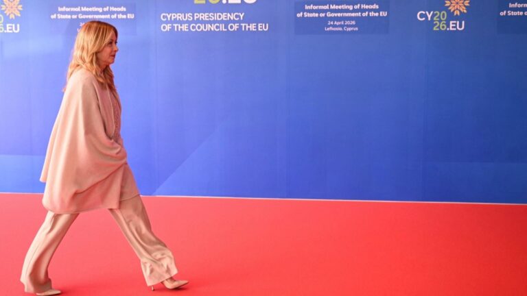 Italy’s Prime Minister Giorgia Meloni arrives for an informal meeting of the European Council in Nicosia on April 24, 2026.
