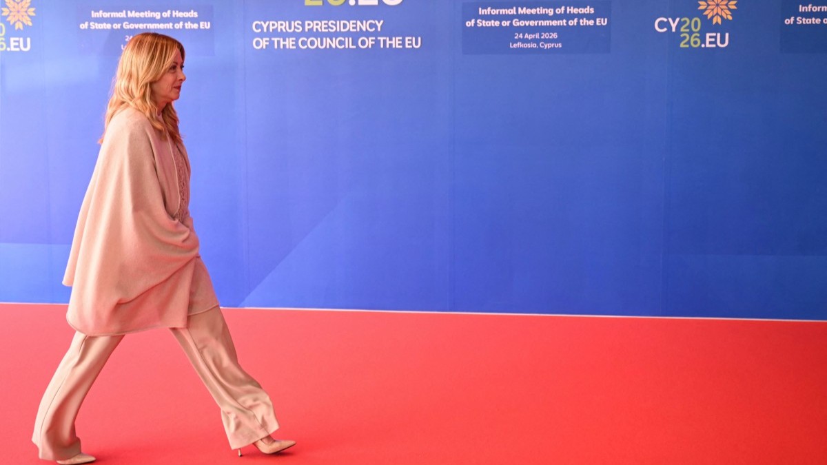 Italy’s Prime Minister Giorgia Meloni arrives for an informal meeting of the European Council in Nicosia on April 24, 2026.