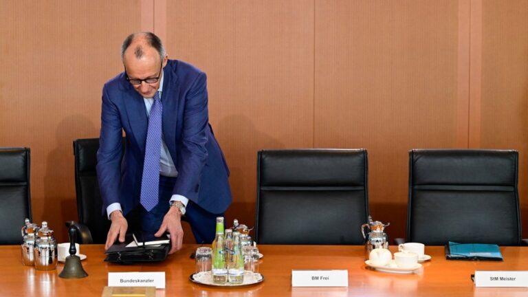 German Chancellor Friedrich Merz arrives for the weekly cabinet meeting on April 1, 2026 at the Chancellery in Berlin.