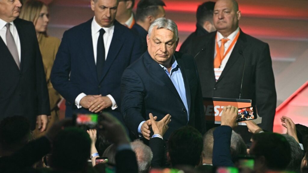 Hungary’s Prime Minister Viktor Orbán greets supporters at the Bálna centre in Budapest during Fidesz’s election night event in Hungary, on April 12, 2026.