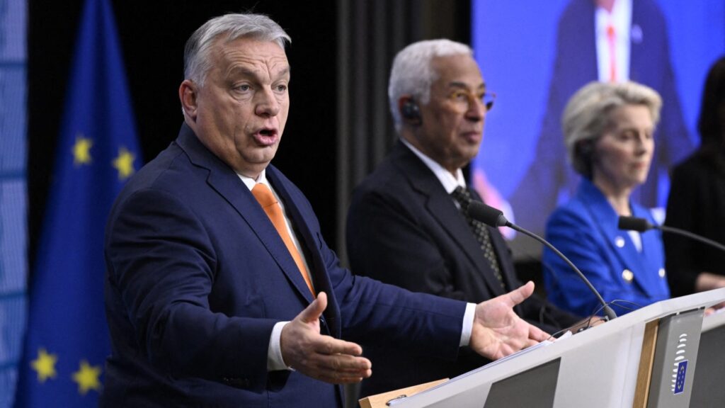 Hungary’s Prime Minister Viktor Orbán speaks during a press conference next to President of the European Council António Costa (C) and President of the European Commission Ursula von der Leyen (R) following the European Council meeting at the EU headquarters in Brussels on December 19, 2024.