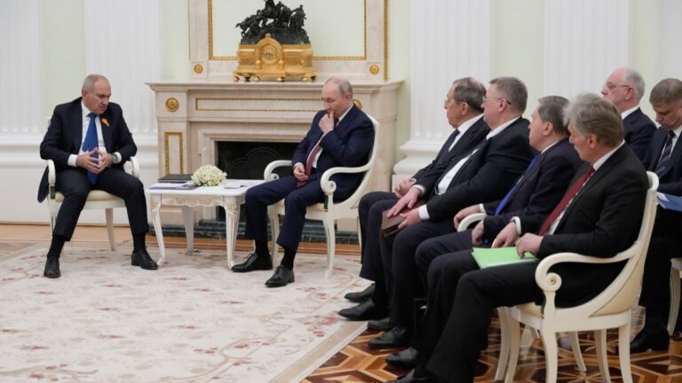 Russian President Vladimir Putin (C) and Armenian Prime Minister Nikol Pashinyan (L) hold talks at the Kremlin in Moscow, on April 1, 2026.
