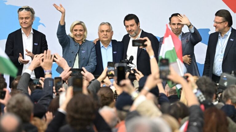 Hungary’s Prime Minister, Fidesz president Viktor Orbán (C) is flanked by (L-R) leader of the Party for Freedom Dutch Geert Wilders, French Rassemblement National politician Marine Le Pen, Lega president Matteo Salvini, leader of Vlaams Belang Tom Van Grieken and leader of the Latvia First party Ainārs Šlesers during the first Patriots’ Grand Assembly in Budapest, Hungary, on March 23, 2026.