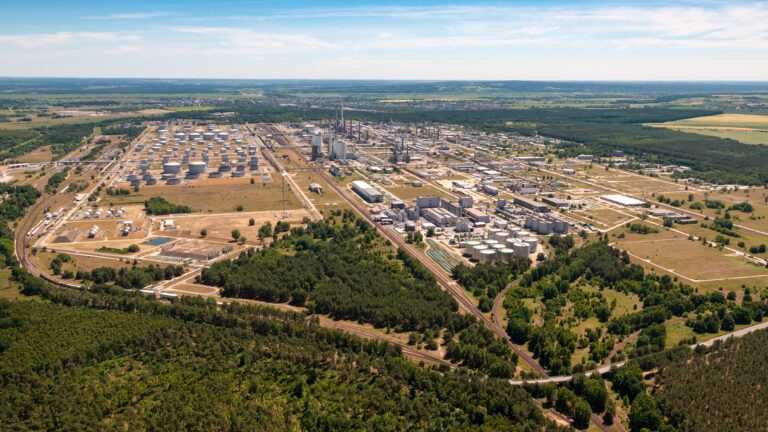 An aerial view of the PCK Schwedt refinery in Germany