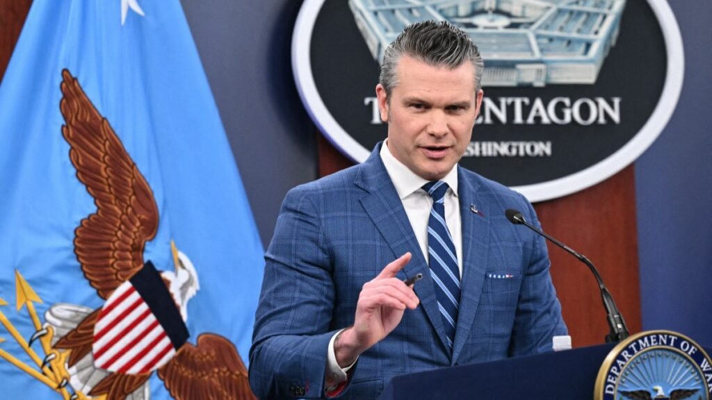 U.S. Secretary of Defense Pete Hegseth speaks during a press briefing at the Pentagon in Washington, D.C., on April 8, 2026.