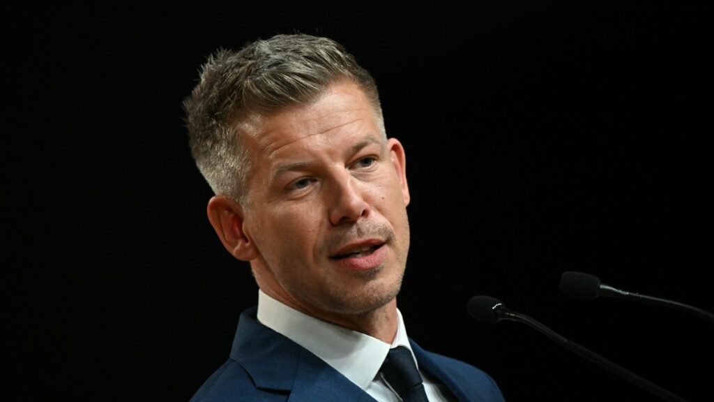 Leader of the Tisza Party, prime minister-elect Péter Magyar delivers a press conference on April 13, 2026 in Budapest, one day after Hungary’s parliamentary elections.