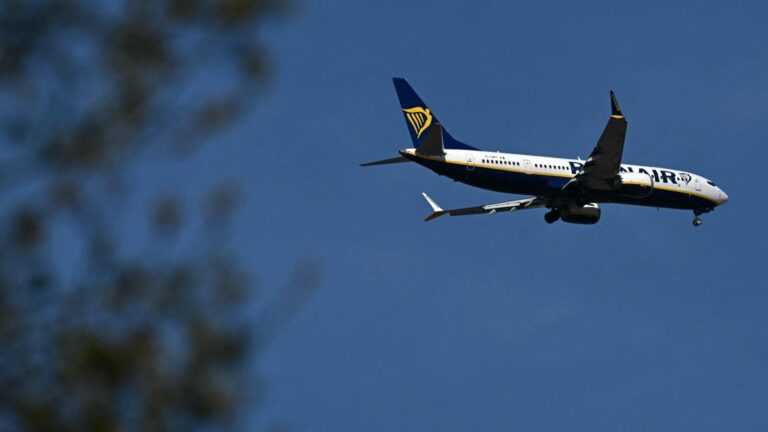 A Boeing 737 MAX 8-200 passenger aircraft operated by Ryanair prepares to land at Liverpool John Lennon Airport in Liverpool, north west England on April 22, 2026.