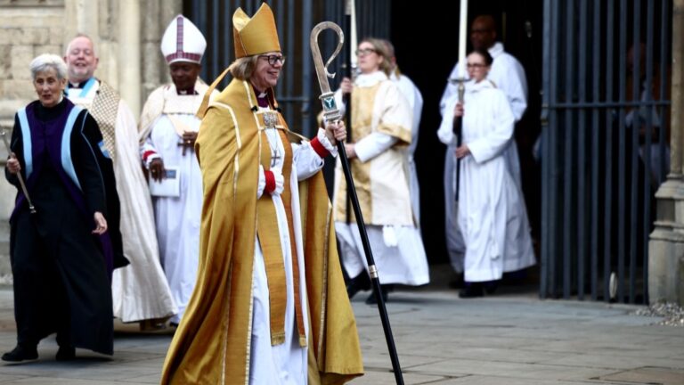 Archbishop of Canterbury Sarah Mullally smiles as she departs following her installation ceremony at Canterbury Cathedral, south-east England on March 25, 2026.