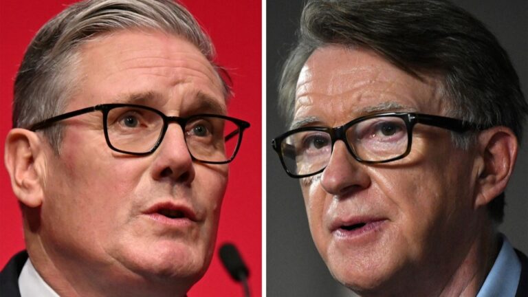 Britain’s Prime Minister Keir Starmer (L) speaks at the annual Labour Party conference in Liverpool on September 30, 2025; British Labour Party politician Peter Mandelson (R) seen on the second day of the annual Labour Party conference in Brighton on September 26, 2021.