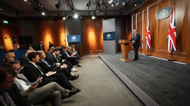 British Prime Minister Keir Starmer speaks during a press conference to update on the latest situation in the Middle East and how the government is supporting families at home at 10 Downing Street in London, on April 1, 2026.