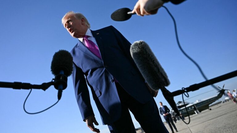 U.S. President Donald Trump speaks to journalists before boarding Air Force One at Joint Base Andrews, Maryland on April 10, 2026.