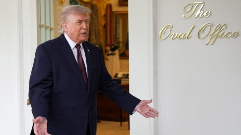 U.S. President Donald Trump speaks to the press during an event outside the Oval Office of the White House on April 13, 2026 in Washington, D.C.